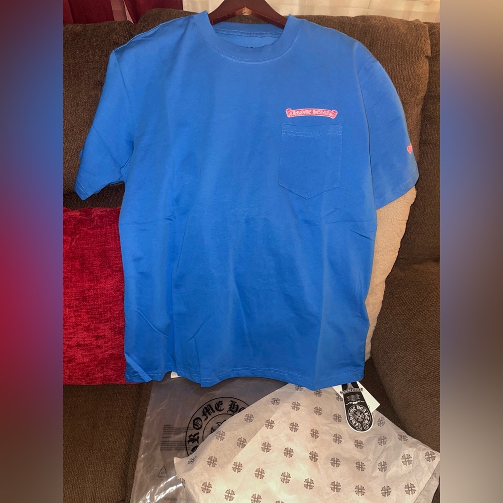 Chrome Heart Blue T-Shirt with Pink chrome heart 💙🩷Logo